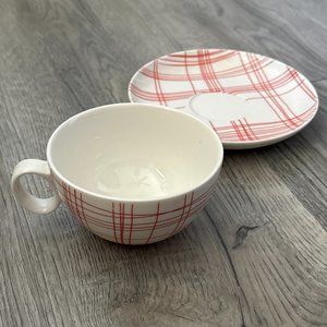 50s Farmhouse Style Grace's Teaware Red Plaid Crossed Lines Flat Cup & Saucer